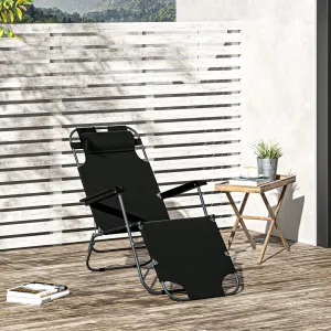 2 in 1 Sun Lounger Folding Reclining Chair Garden Outdoor Camping Adjustable Back with Pillow (Black)