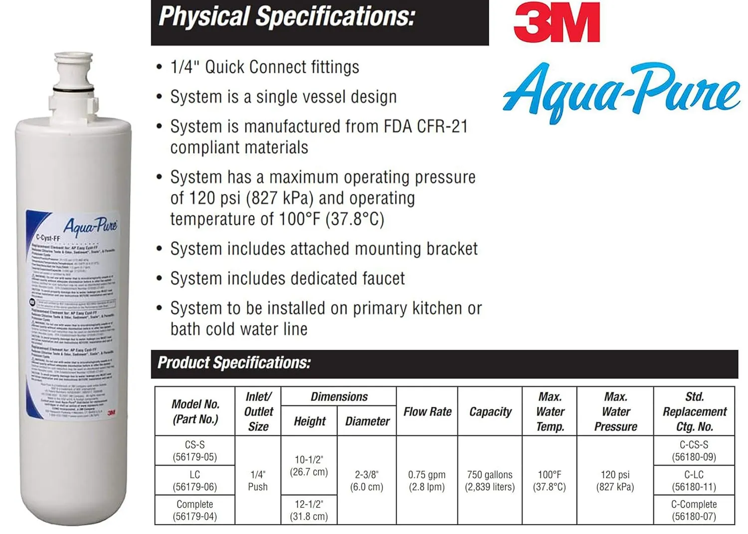 3M Aqua-Pure AP Easy C-Complete Under Sink Dedicated Faucet Replacement Water Filter Cartridge. Each