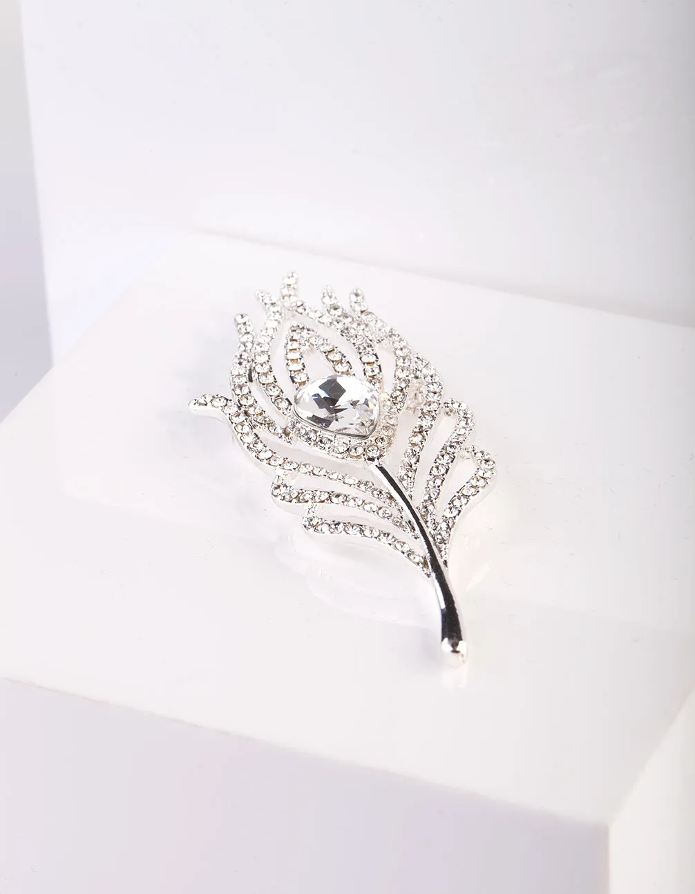 Crystal Feather Silver Brooch