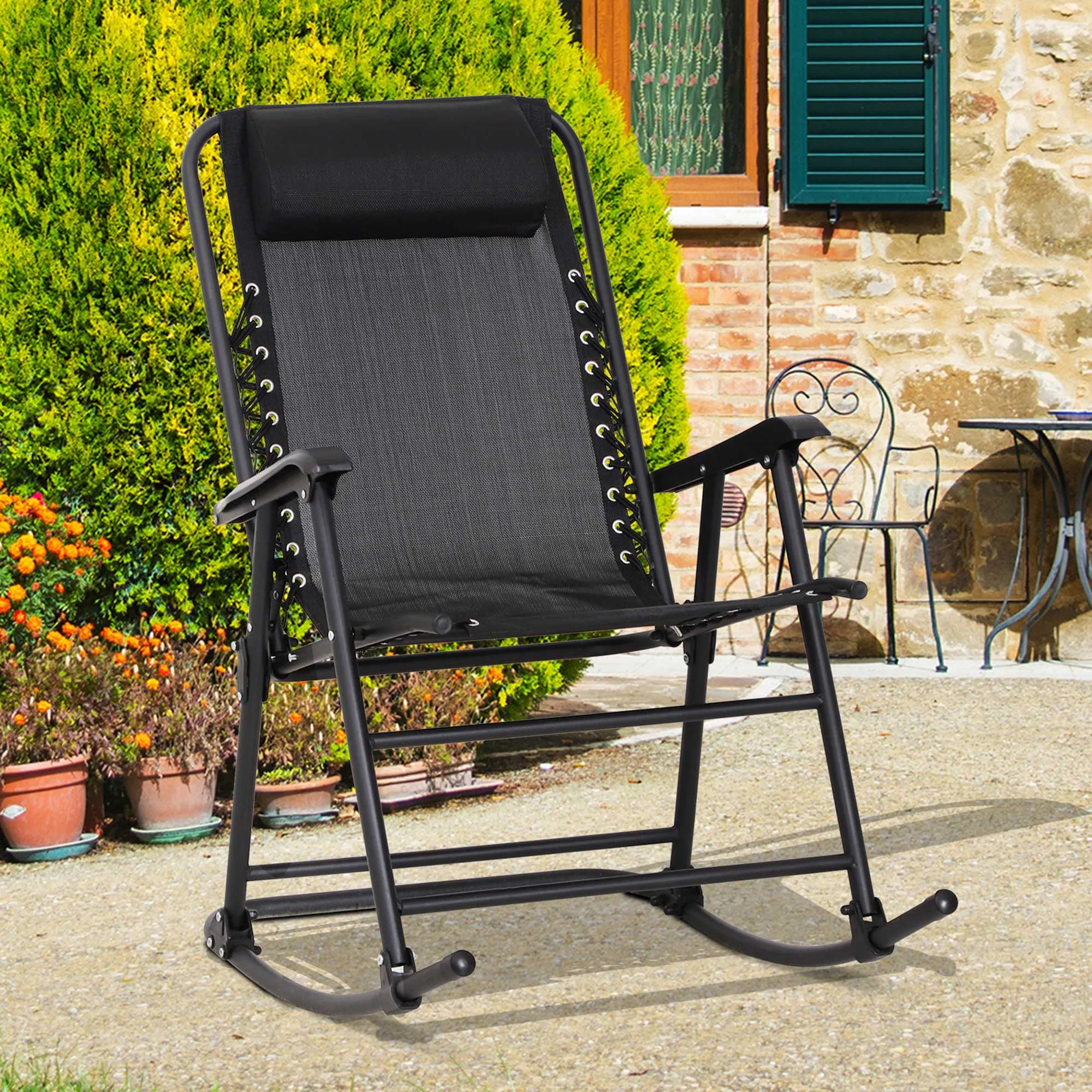 Garden Rocking Chair Folding Outdoor Adjustable Rocker Zero-Gravity Seat with Headrest Camping Fishing Patio Deck - Black