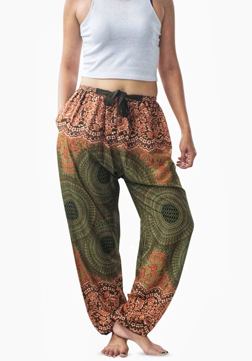 Geometric Mandalas Harem Pants in Olive Green