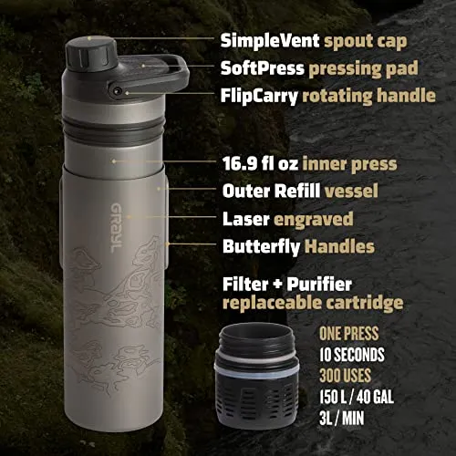 GRAYL UltraPress Titanium 16.9 oz Water Purifier & Filter Bottle for Hiking, Backpacking, Survival, Bushcraft, Travel (Covert Black)