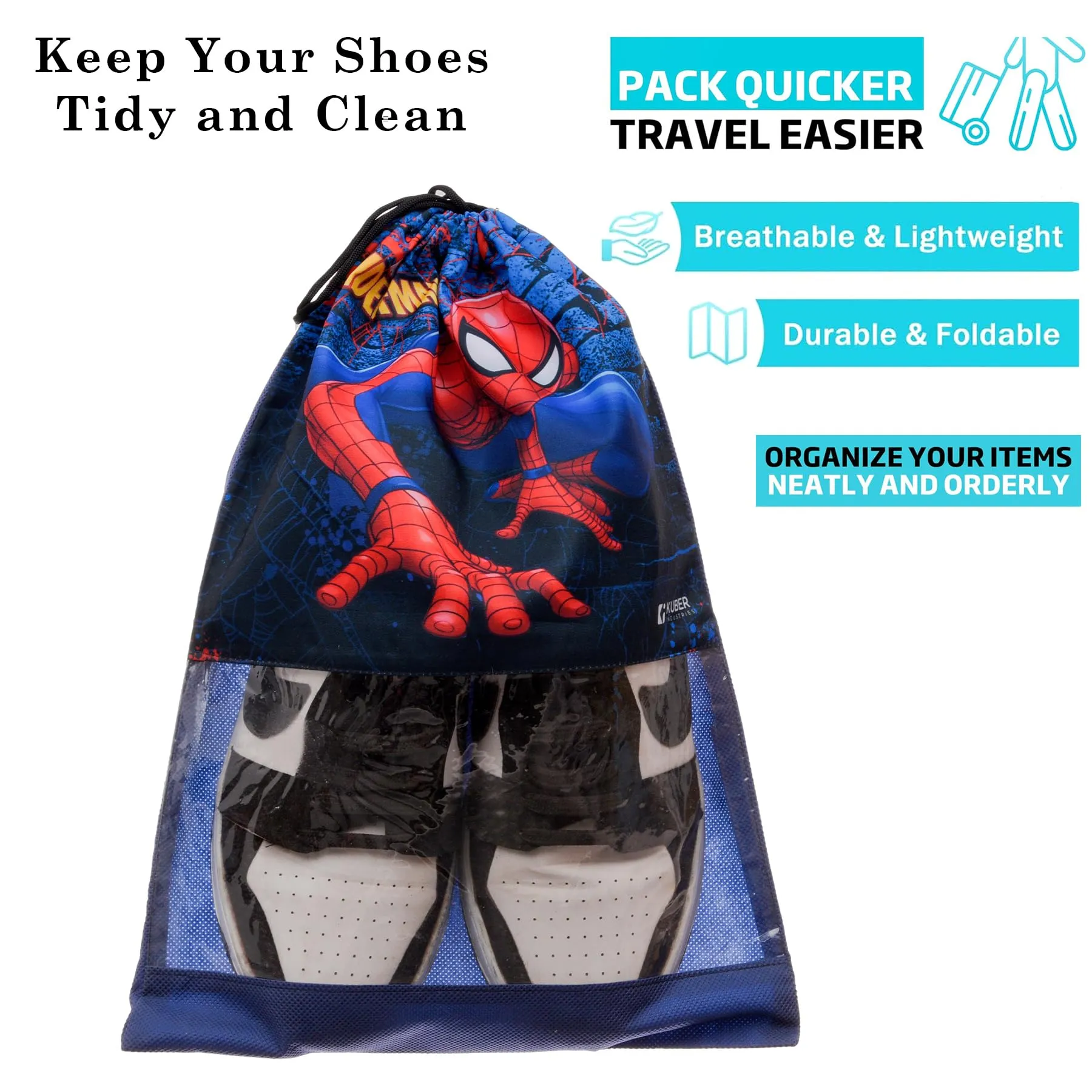 Kuber Industries Marvel Spiderman Shoe Cover | Travel Shoe Storage Bags | Polyester Storage Bag | Drawstring Shoe Cover | Shoe Organizer with Clear Window | Pack of 18 | Navy Blue