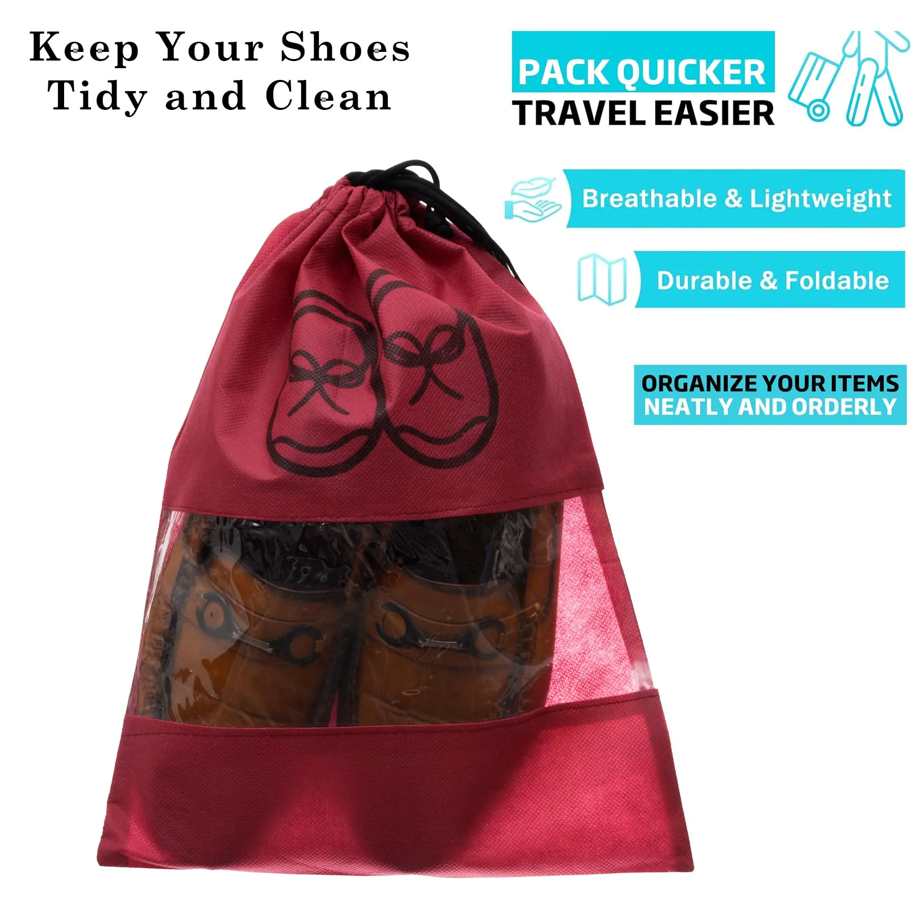 Kuber Industries Shoe Cover | Travel Shoe Storage Bags | Non-Woven Storage Bag | Shoe Cover with Drawstring | Shoe Organizer with Clear Window | Plain | Pack of 6 | Maroon