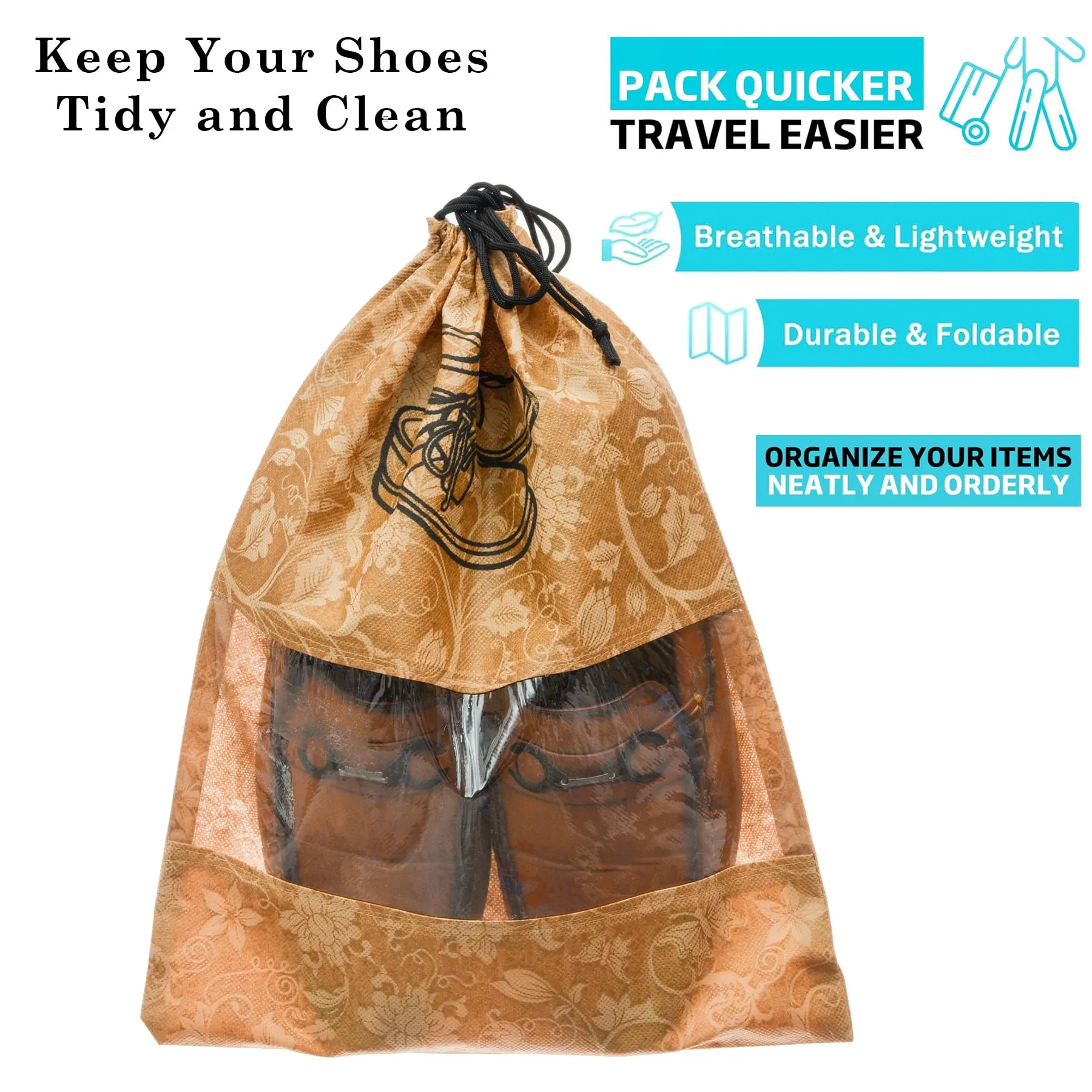 Kuber Industries Shoe Cover | Travel Shoe Storage Bags | Non-Woven Storage Bags | Shoe Cover with Drawstring | Shoe Organizer with Clear Window | Flower-Design | Pack of 24 | Brown