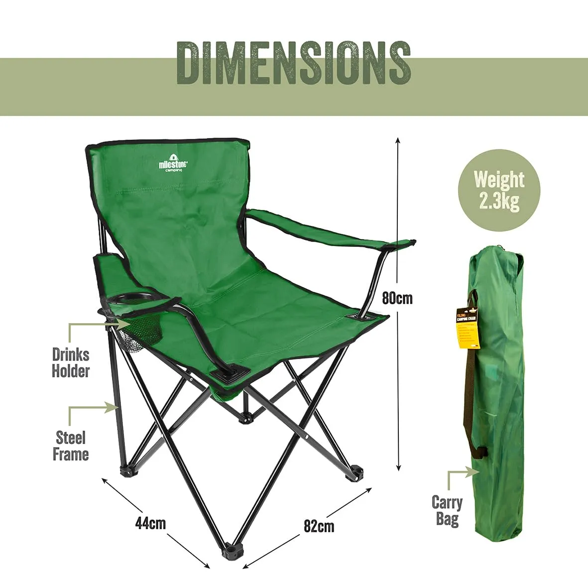 Milestone Camping 20389 Folding Camping Chair with Cup Holder & Storage Bag/Portable Travel Chair/Folds Flat to Store / H80 x W83 x D50cm / Green Colour