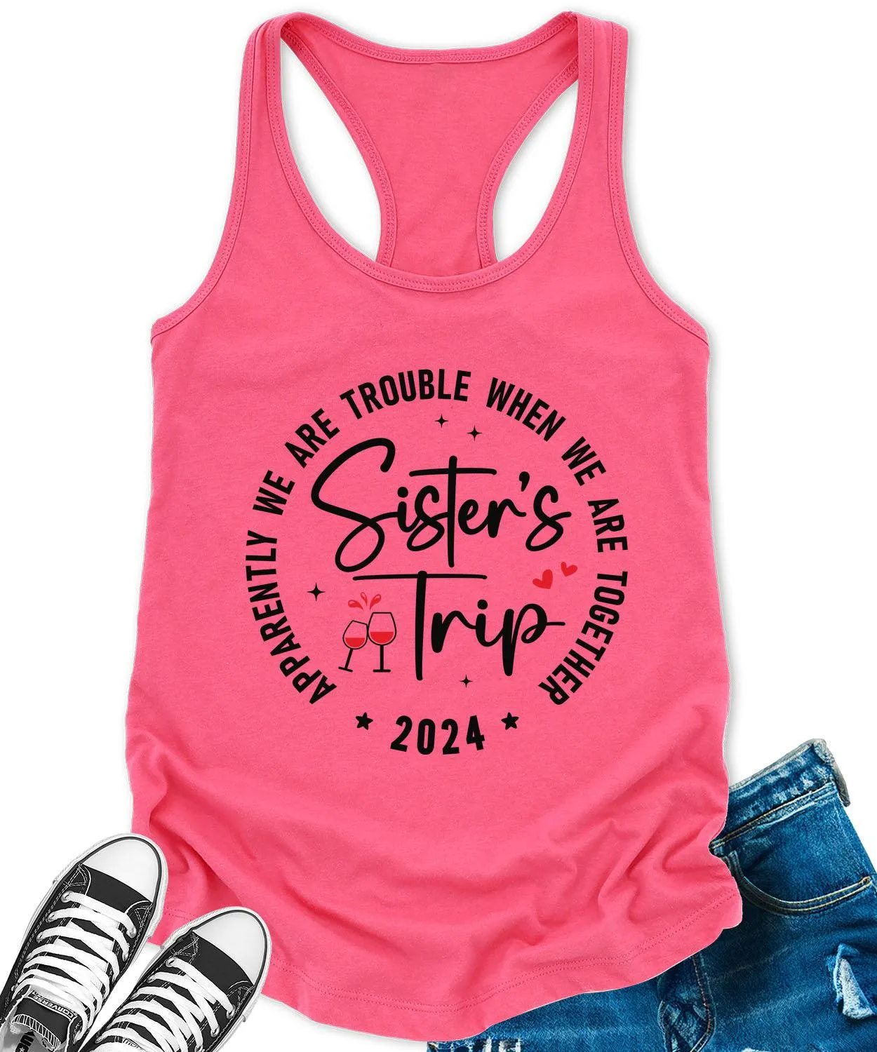 Sisters Trip 2024 Racerback Tank Top for Women Apparently We are Trouble Letter Print Sleeveless Summer Tops