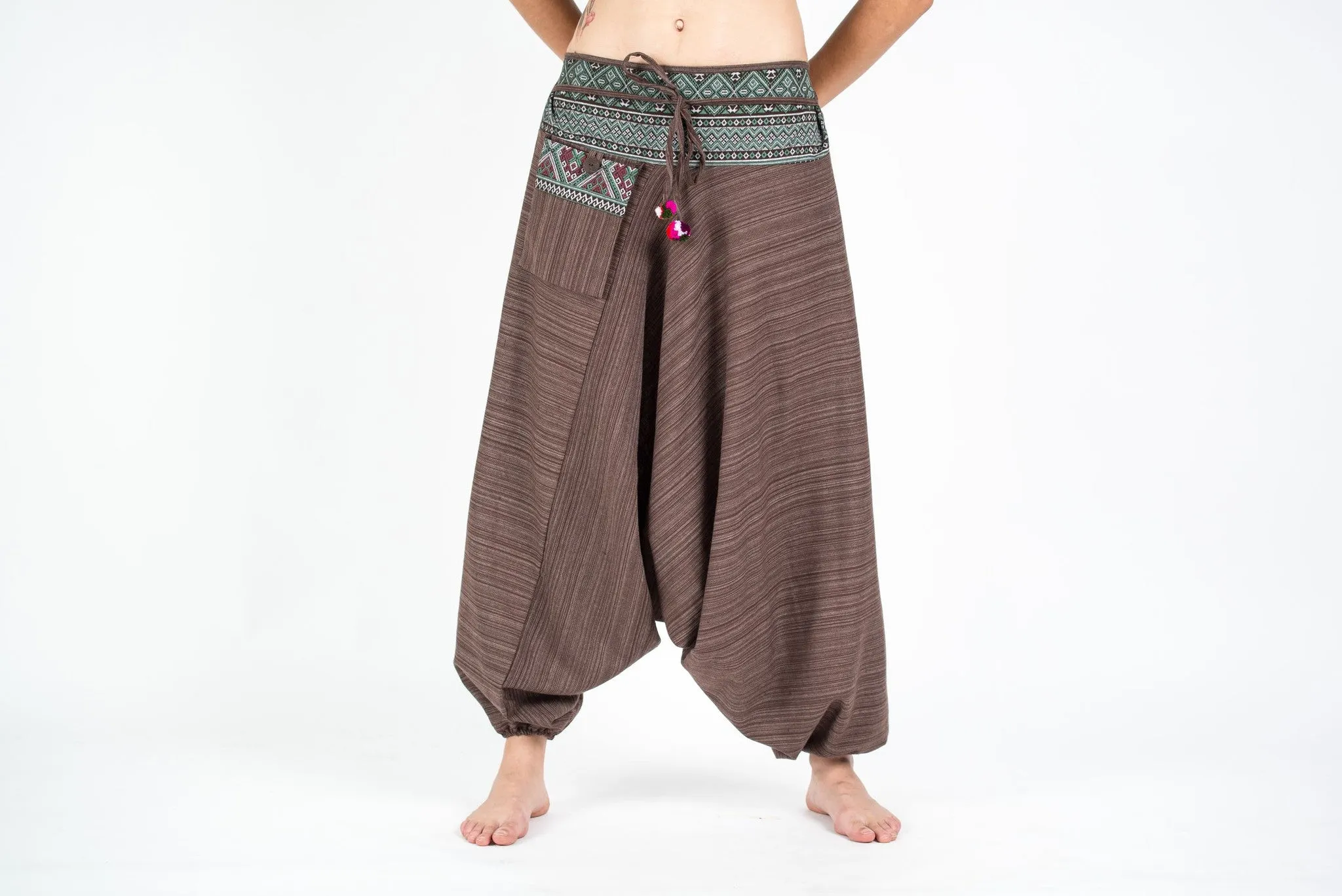 Thai Hill Tribe Cotton Fisherman Low Cut Harem Pants Brown