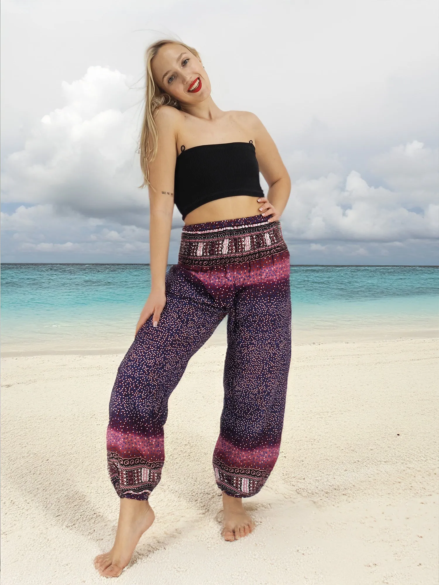 Unisex Harem Yoga Hippie Boho Pants in Purple With Pink Print M