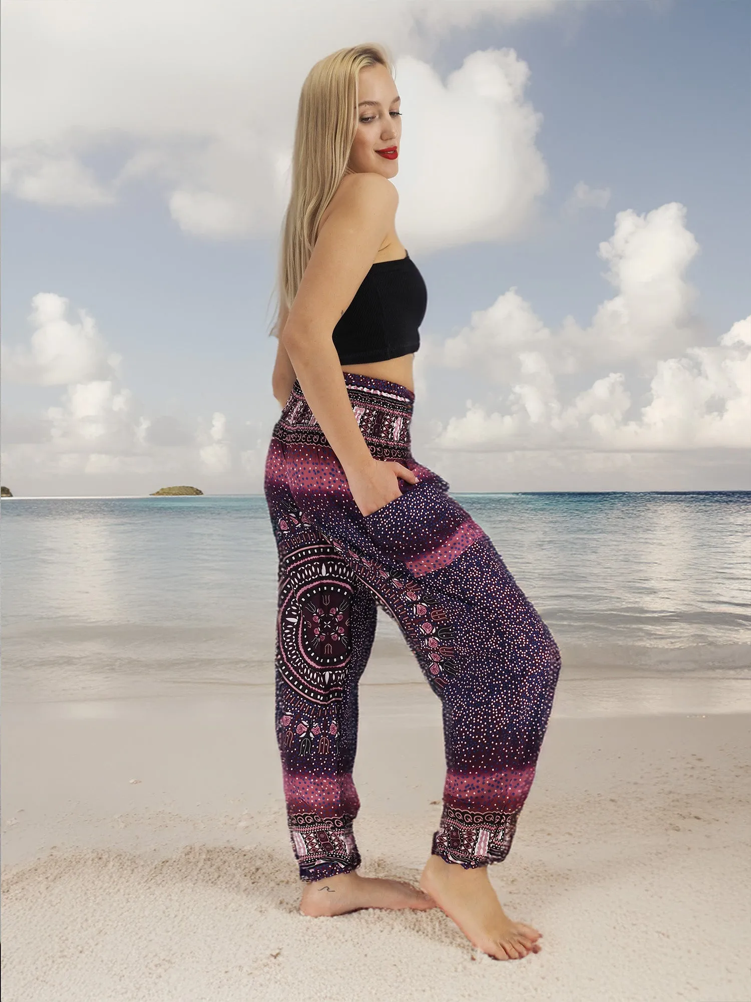 Unisex Harem Yoga Hippie Boho Pants in Purple With Pink Print M