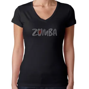 Womens T-Shirt Rhinestone Bling Black Fitted Tee Zumba Dance Red Heart Fitness