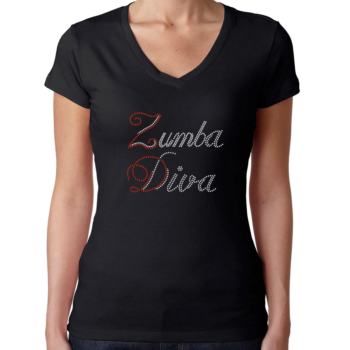 Womens T-Shirt Rhinestone Bling Black Fitted Tee Zumba Diva Dance Fitness